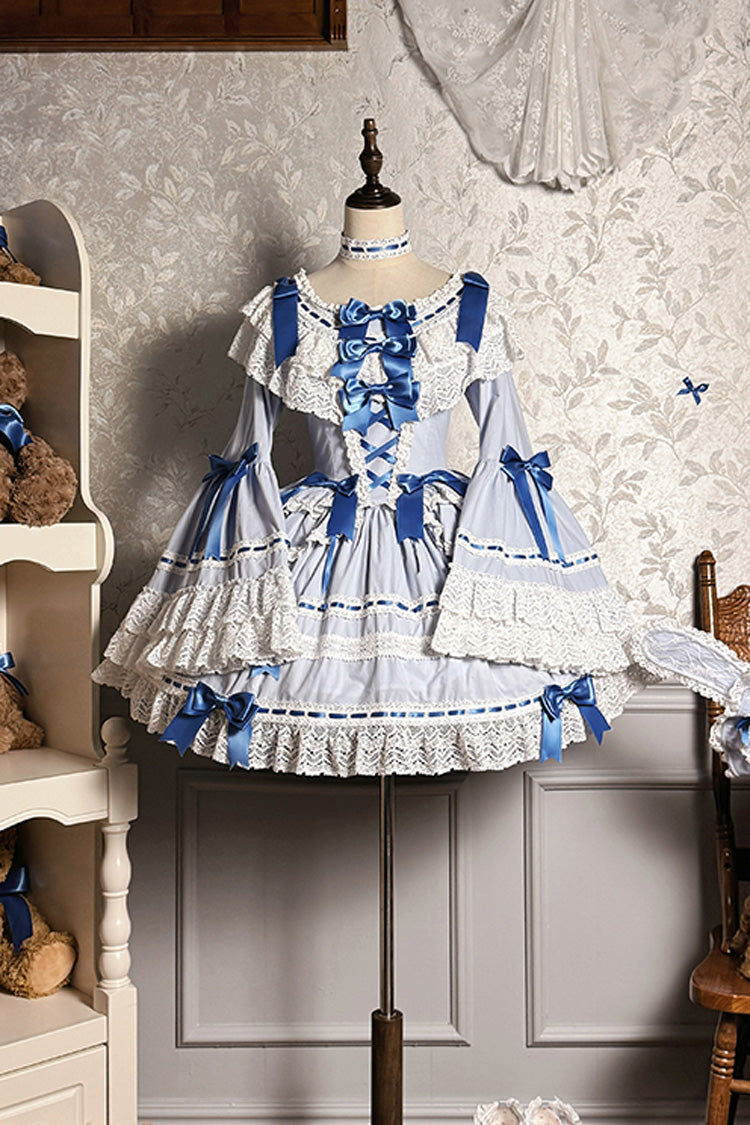 Blue/White Rabbit Sleeping Doll Long Trumpet Sleeves Ruffle Ribbon Lace Girly Lolita Dress