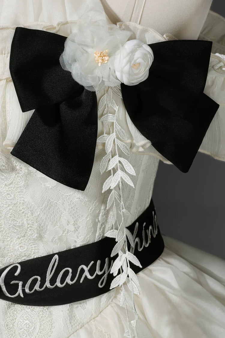Ivory Halter Ruffled Embroidered Bow Classic JSK