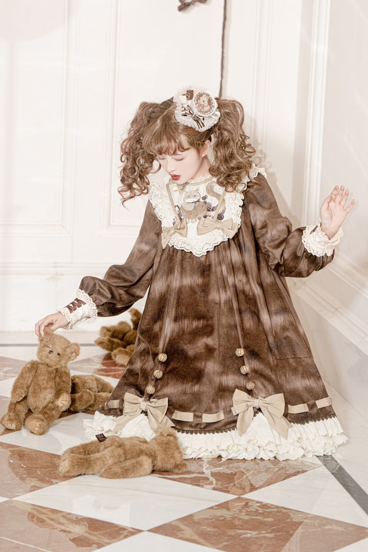 Chocolate Cat Print Long Sleeve Ruffle Bow Sweet Dress