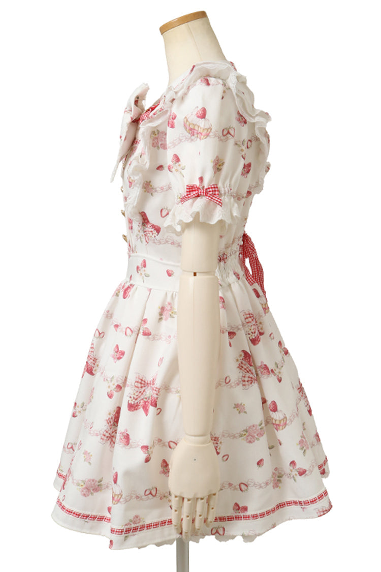 Ivory Sweet Dress with Puff Sleeves and Lace-Up Back - Creamy Berry