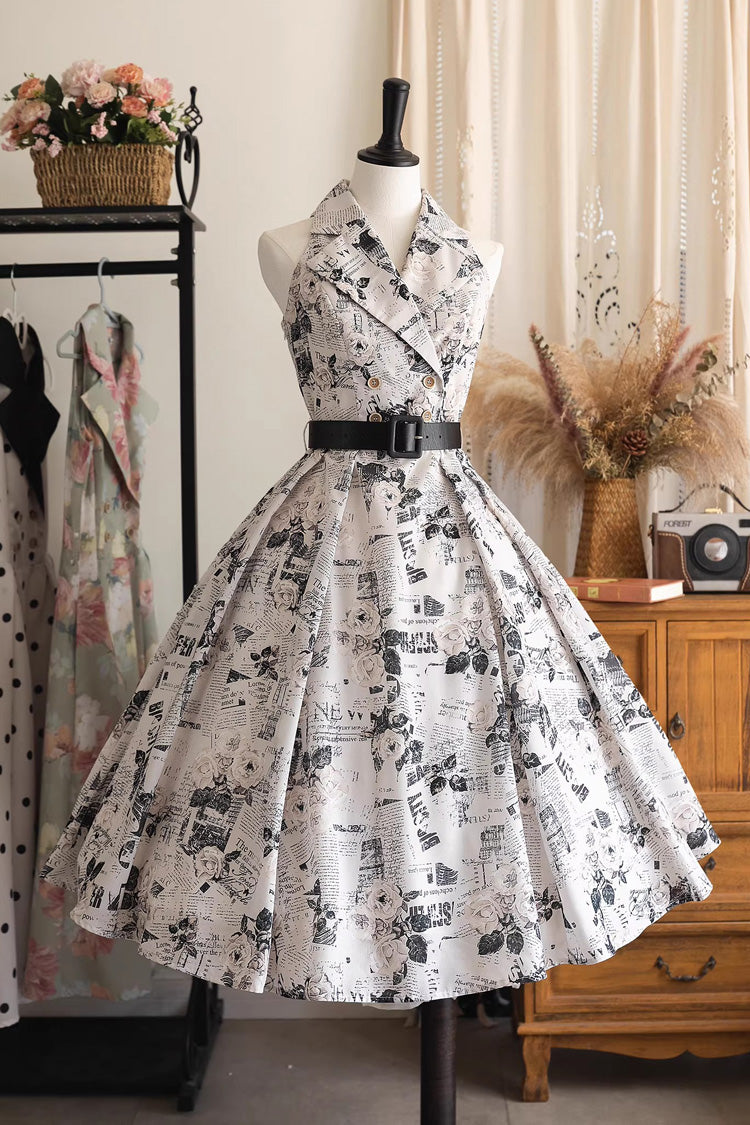 V Collar Printed Vintage Dress - Afternoon Forest