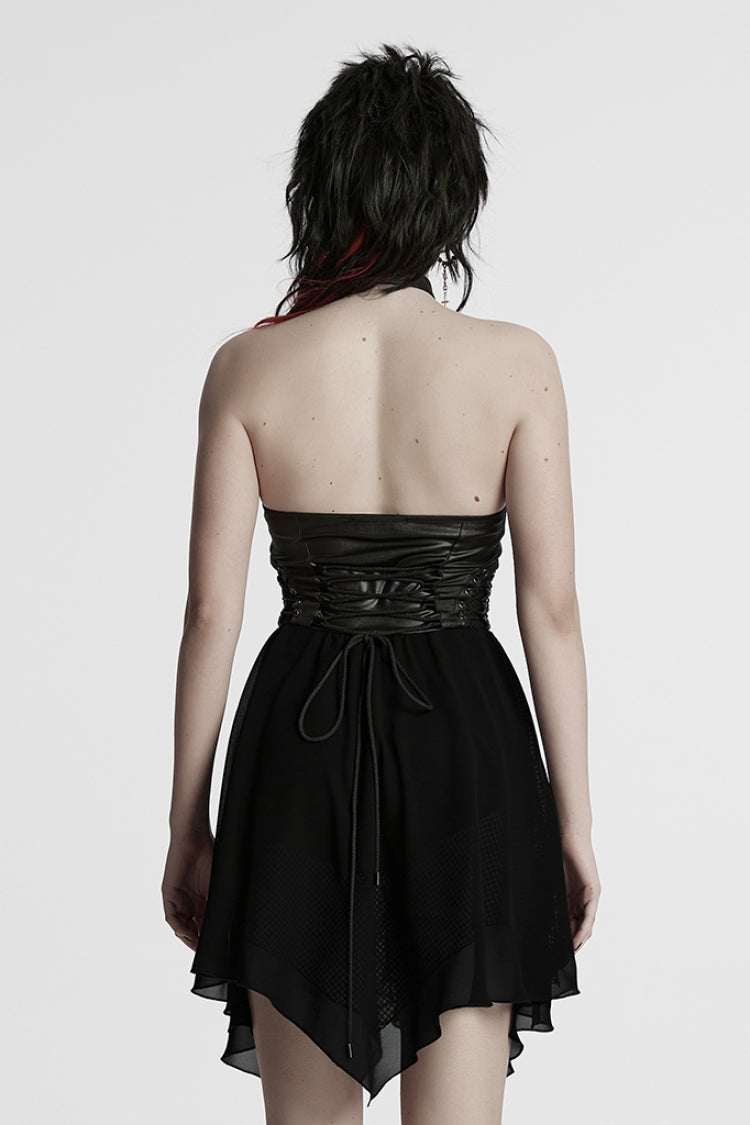 Party-Ready Black Lace-Up Irregular Halter Punk Dress