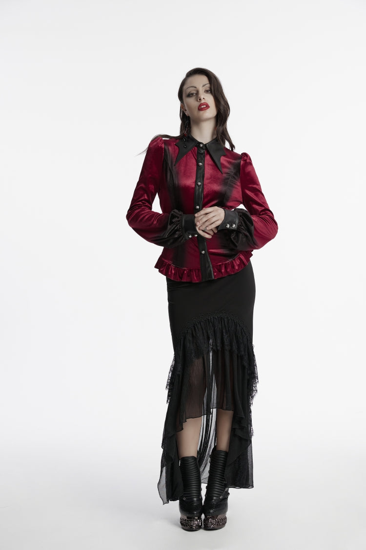 Crimson Lapel Lace-Up Slim Gothic Gradient Velvet Blouse
