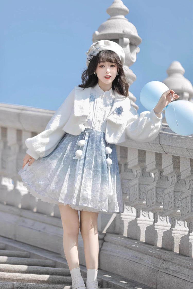 White Blue Printed Chinese Style JSK Set - Sweet Lolita Dress