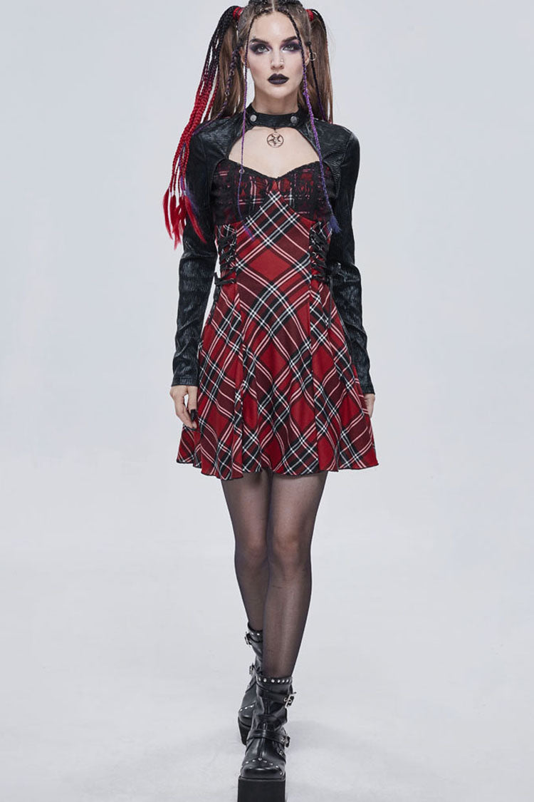 Red Plaid Knit Side Strap Pentagram Punk Dress