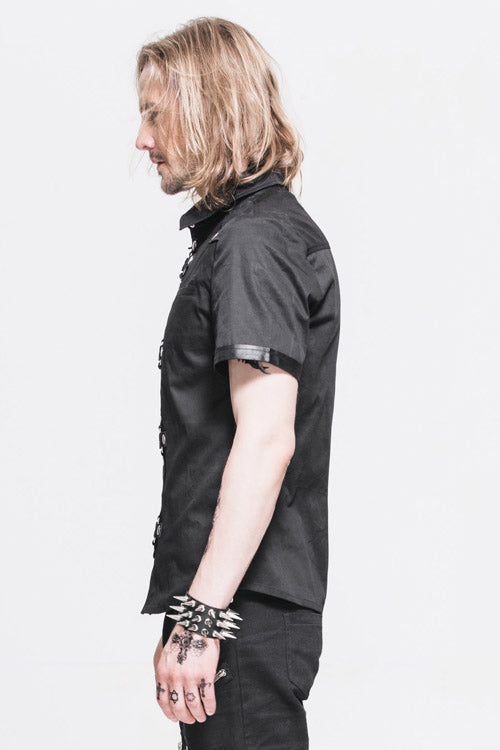 Midnight Cotton Blouse with Notch Collar and Short Sleeves