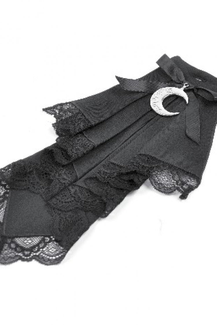 Striped Lapel Collar Long Sleeves Moon Lace Bow Ruffled Pleated Gothic Dress