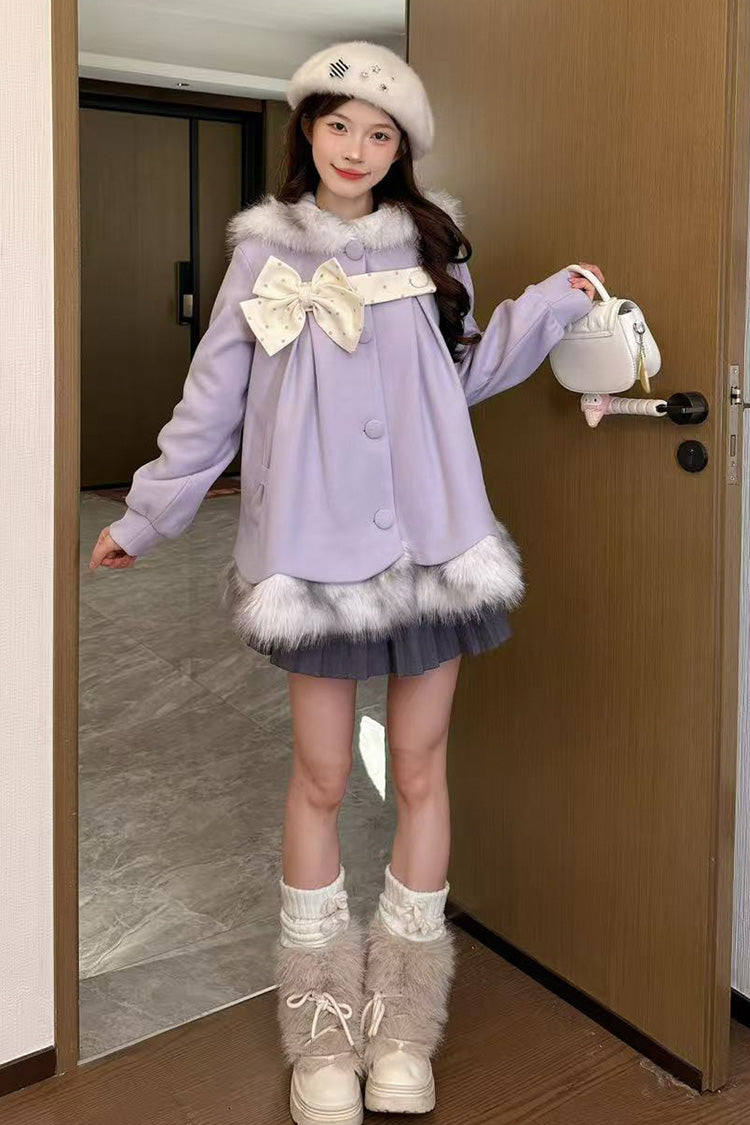 Amethyst Long-Sleeve Fur-Trim Polka-Dot Hooded Coat