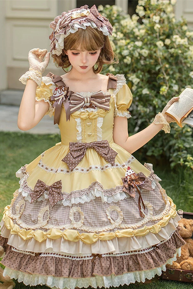 Polka Dot Cake Multi-Layered Printed Ruffled Sweet Lolita OP - Yellow/Brown
