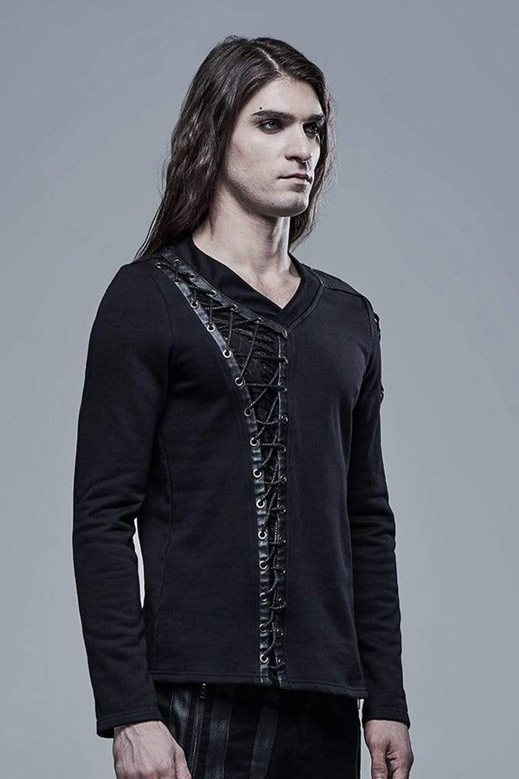 Jet-Black Knit Tee with Faux Leather Lacing and Split Front for Men