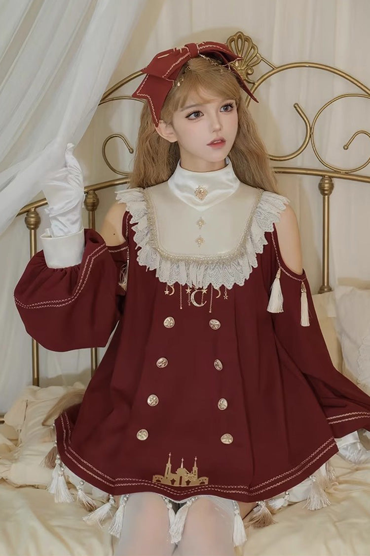 Crimson Starry Night Gown with Ruffled Sleeves and Embroidery