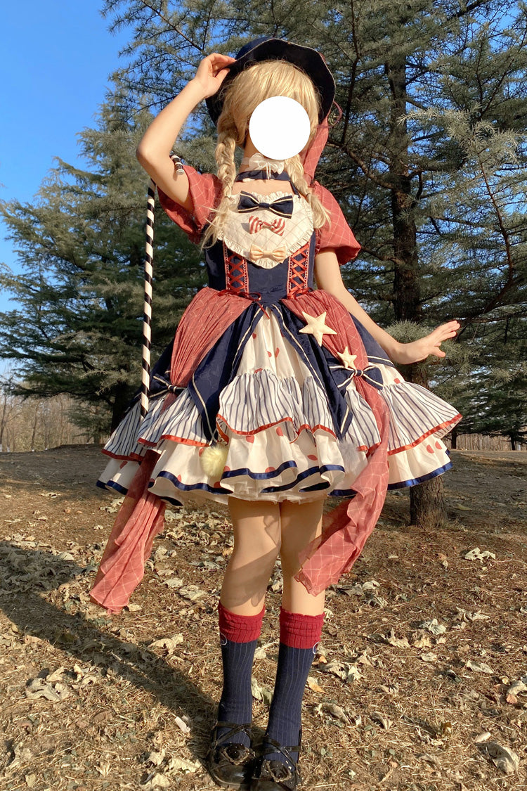 Multicolor Circus Print Puff-Sleeved Lolita Dress with Bow Accents