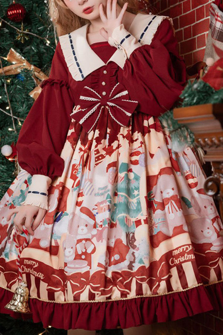 Burgundy Festive Bear Print High-Waisted Ribbon Ruffled Sweet Lolita One-Piece