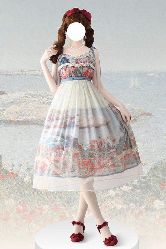 Multi Color Oil Painting Island Garden Sleeveless Ruffle Bow Lace Sweet Jsk Dress