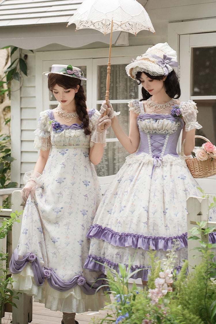 Ivory Purple Short Sleeve Double-Layered Ruffle Lace Bowknot Sweet Dress