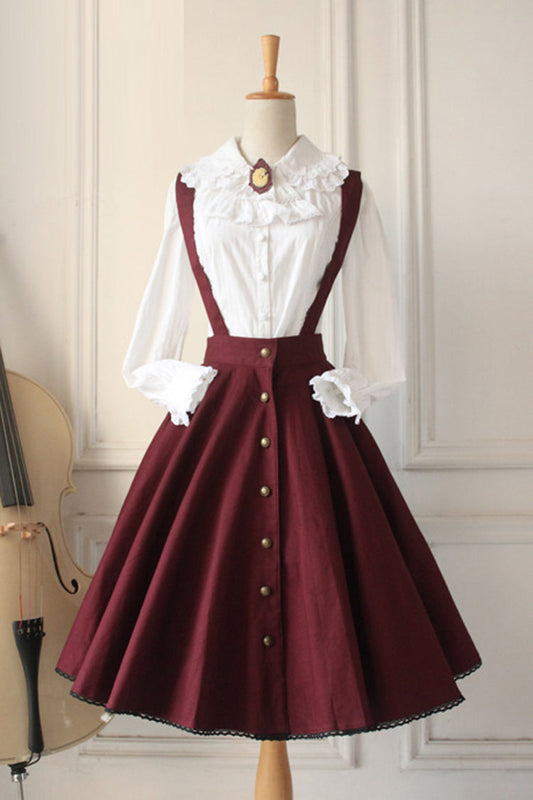 Wine Vintage Single Breasted Ruffled Classic Strap Dress - Sweet Lolita