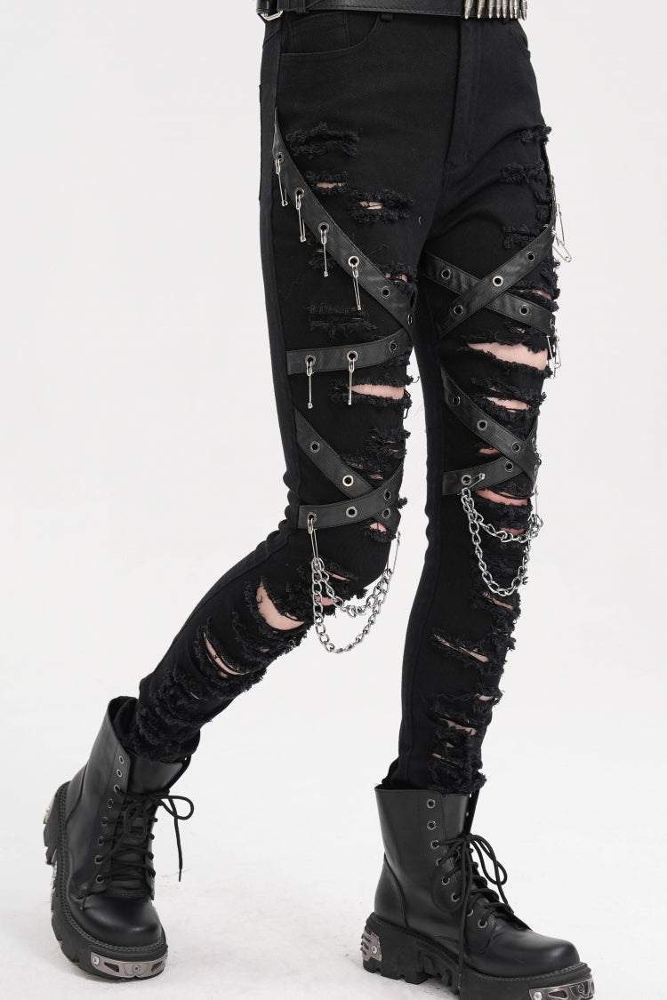 Punk Pants for Women with Ripped Mesh and Chain Detail