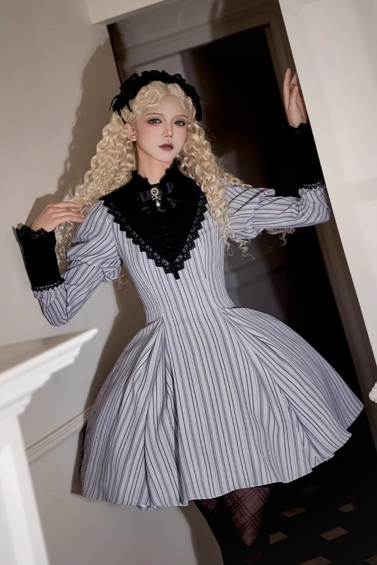 Grey Vertical-Stripe Bow Lace Gothic Gown