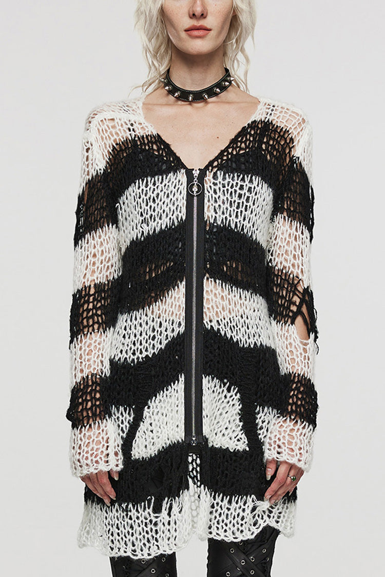 Irregular Ripped Striped Sweater with Zipper Accents