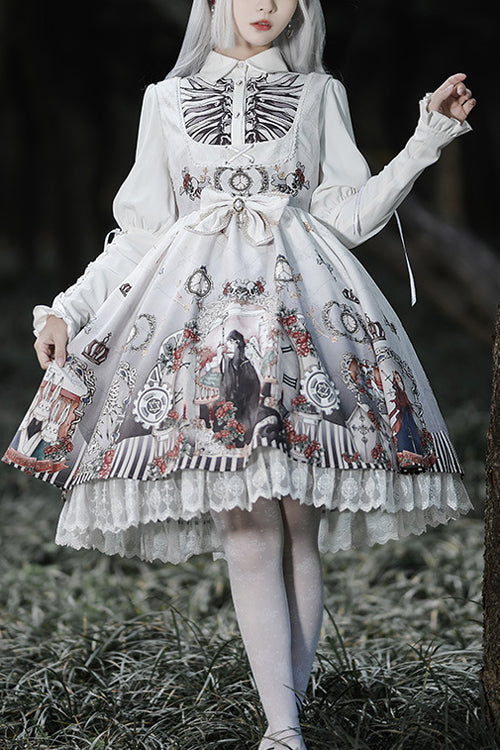 Black Fairy Tale Print JSK Dress with Lapel Collar