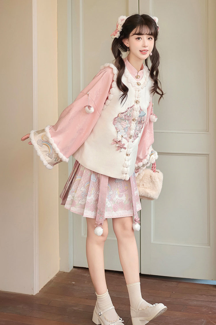 Ivory and Pink Miracle Pony Round Collar Long Sleeve High-Waist Printed Sweet Hanfu Dress Set