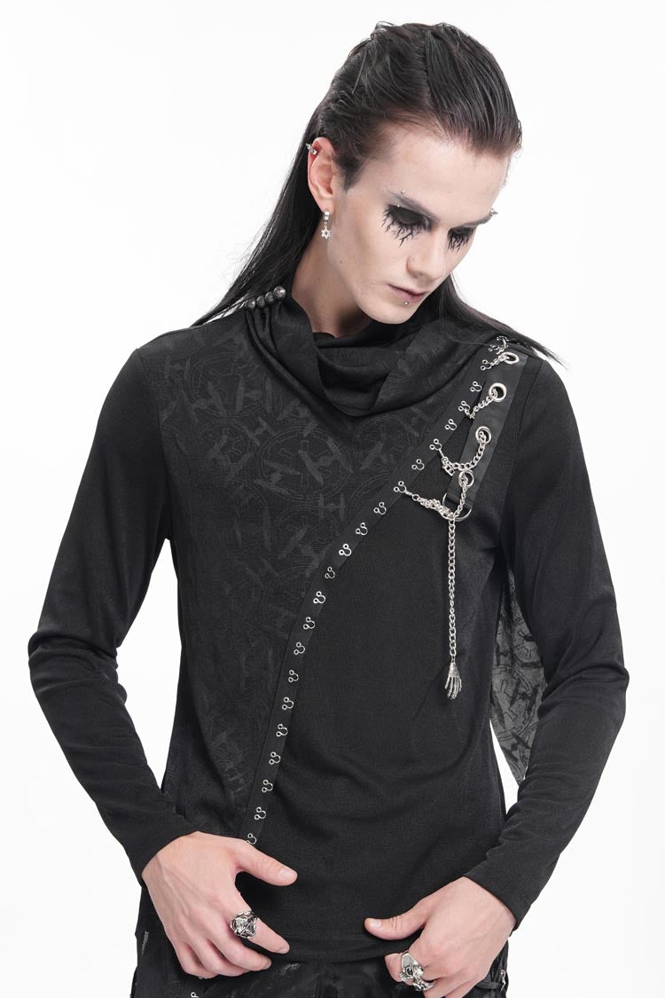 Men's Gothic Sweatshirt with Chain Print and Asymmetric Stitch