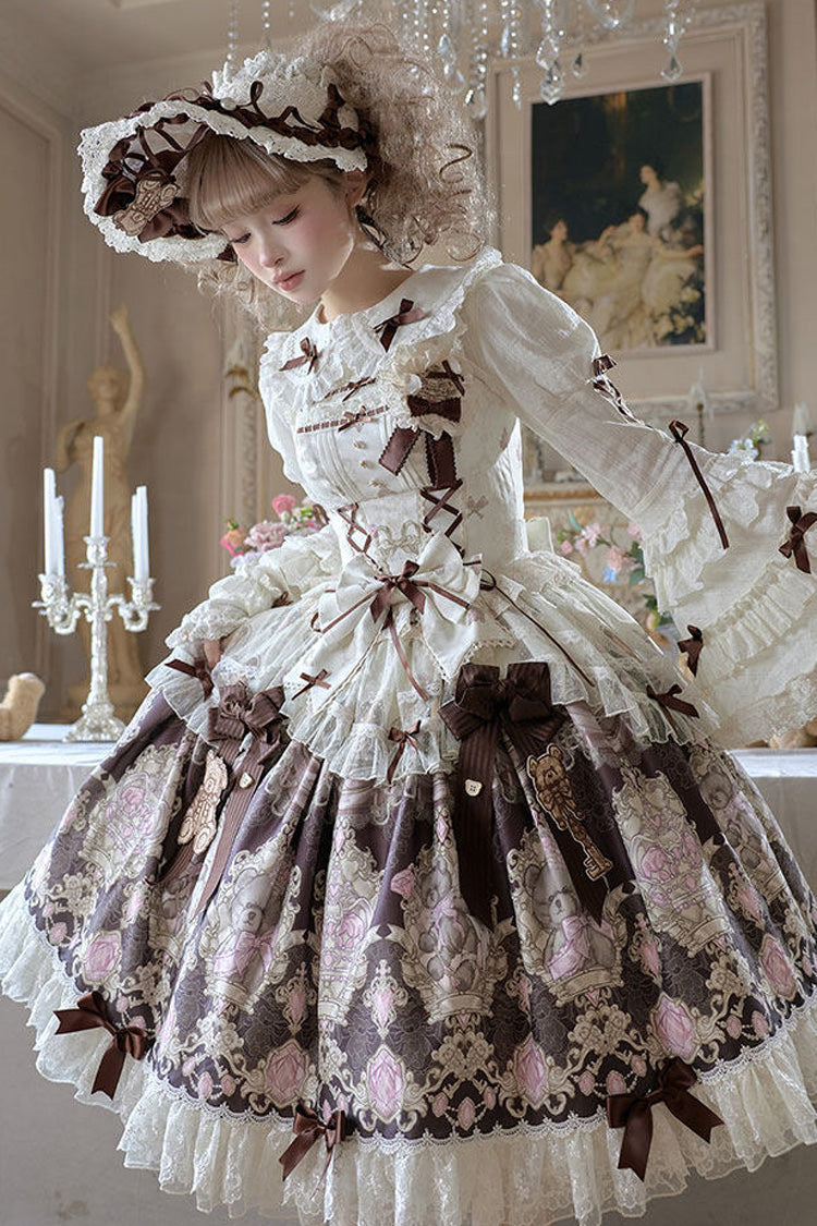 Antique Teddy Bear Sleeveless Print Bow Lace Elegant JSK