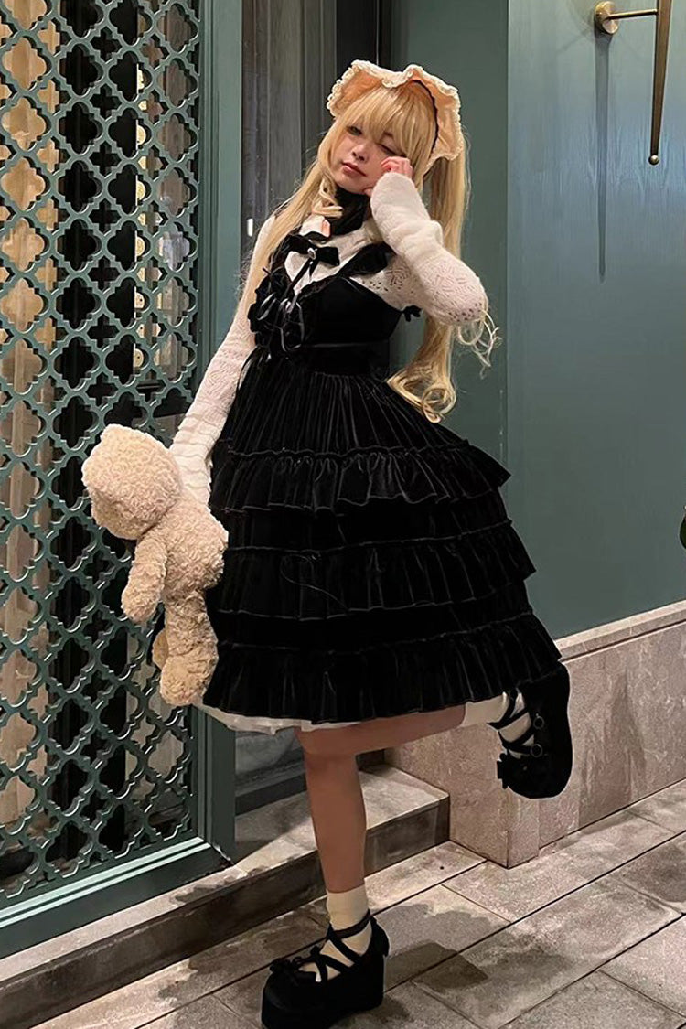 Multi-Tier Lace-Up Gothic JSK with Ruffles - Sponge Cake