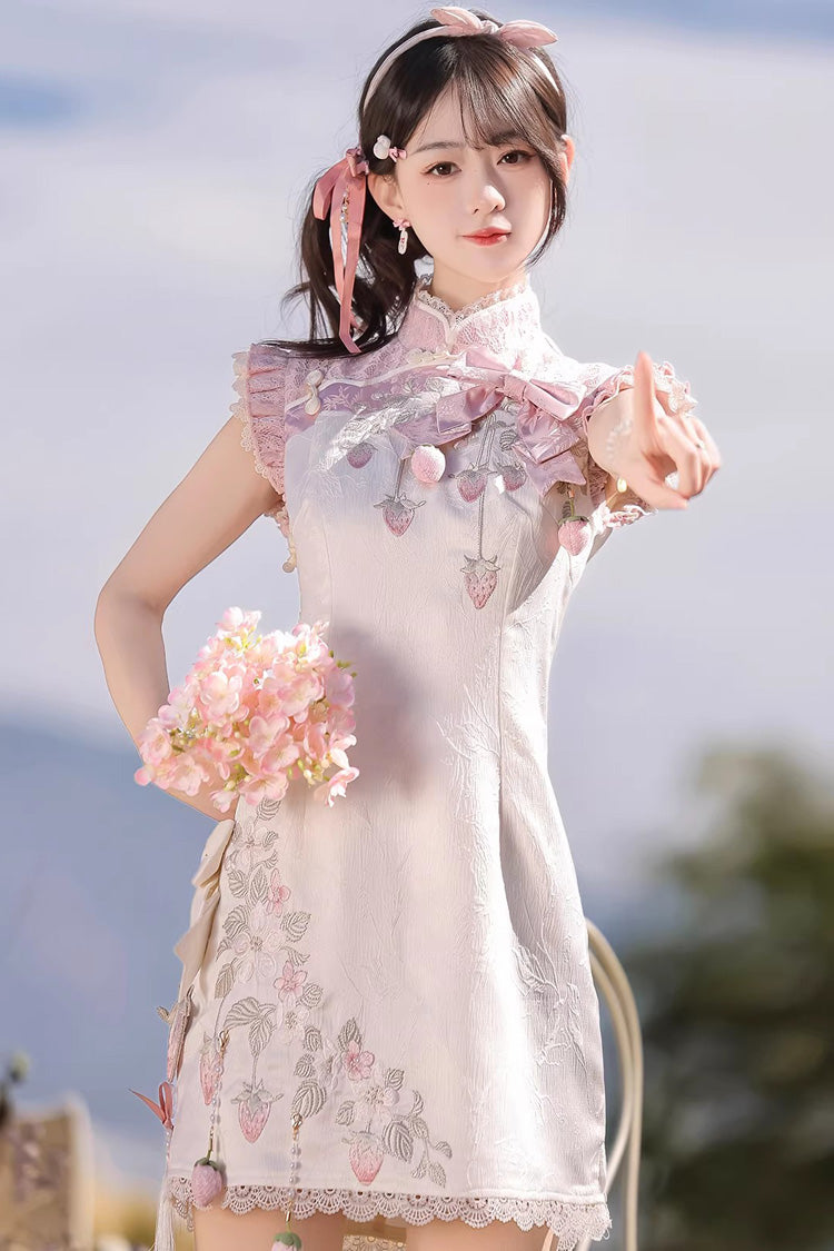 Ivory and Pink Spring Strawberry Stand Collar Ruffled Embroidered Lace Color-Blocked Chinese Sweet Lolita Cheongsam