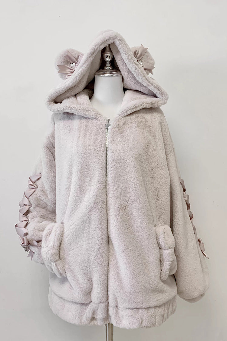 Sleepy Bear Fluffy Japanese Jirai Kei Coat with Bow and Lace-Up