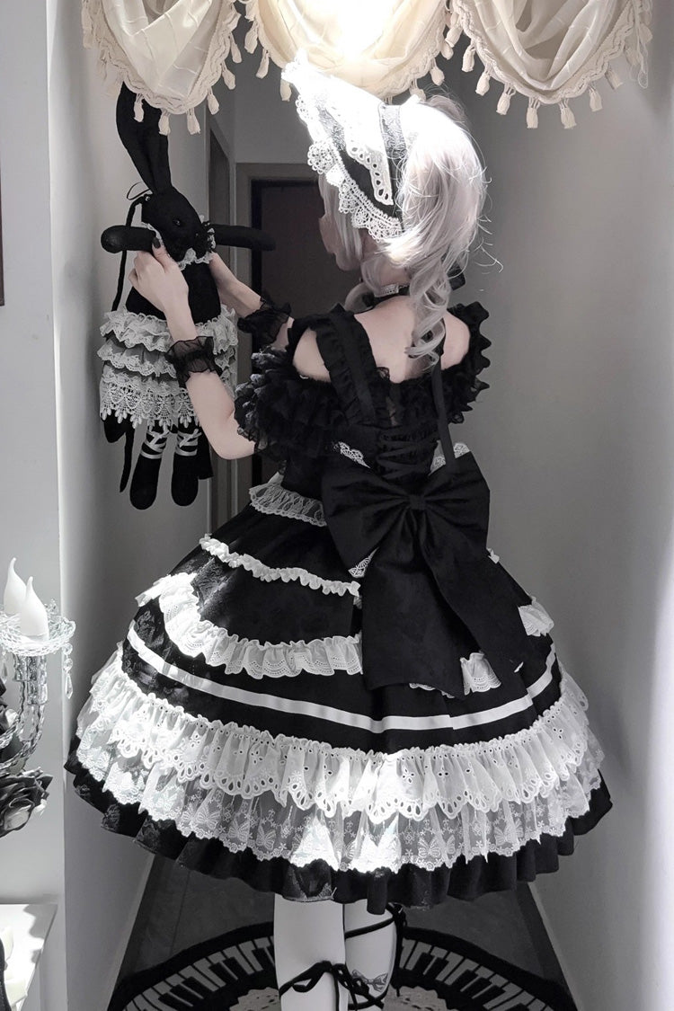 Black/White Super Cute Belia Sleeveless Triple-Layered Ruffled Bow Lace Gothic Elegant Lolita JSK Gown