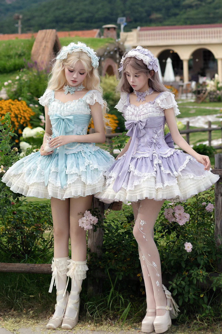 Floral Dream Violet Multi-Layered Ruffle Embroidery Lace-Up Ballet Lolita JSK - Floral Dream