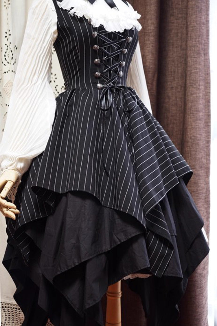 Striped Sleeveless Lace-Up Gothic Mini Dress with Asymmetric Hem
