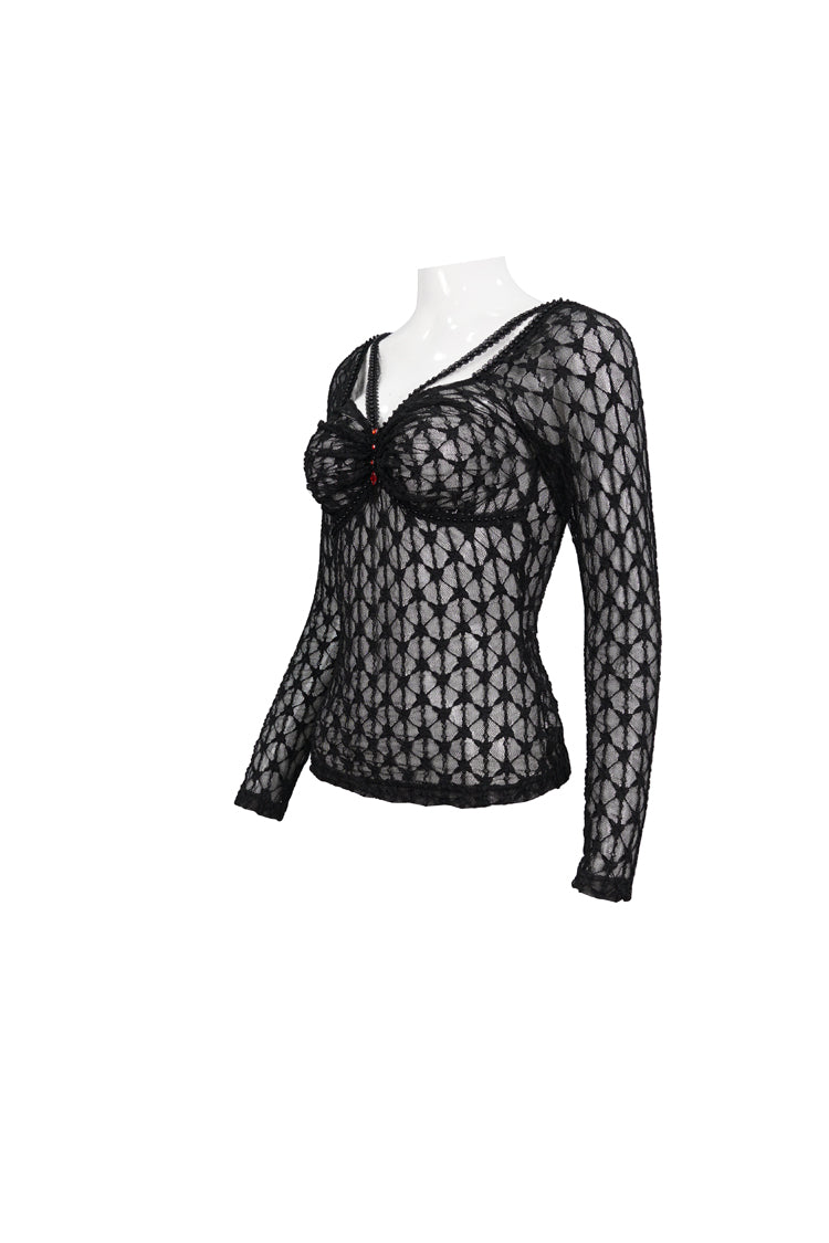 Punk Black Lace Mesh Front Red Diamond Transparent Long-Sleeve Women's Tee
