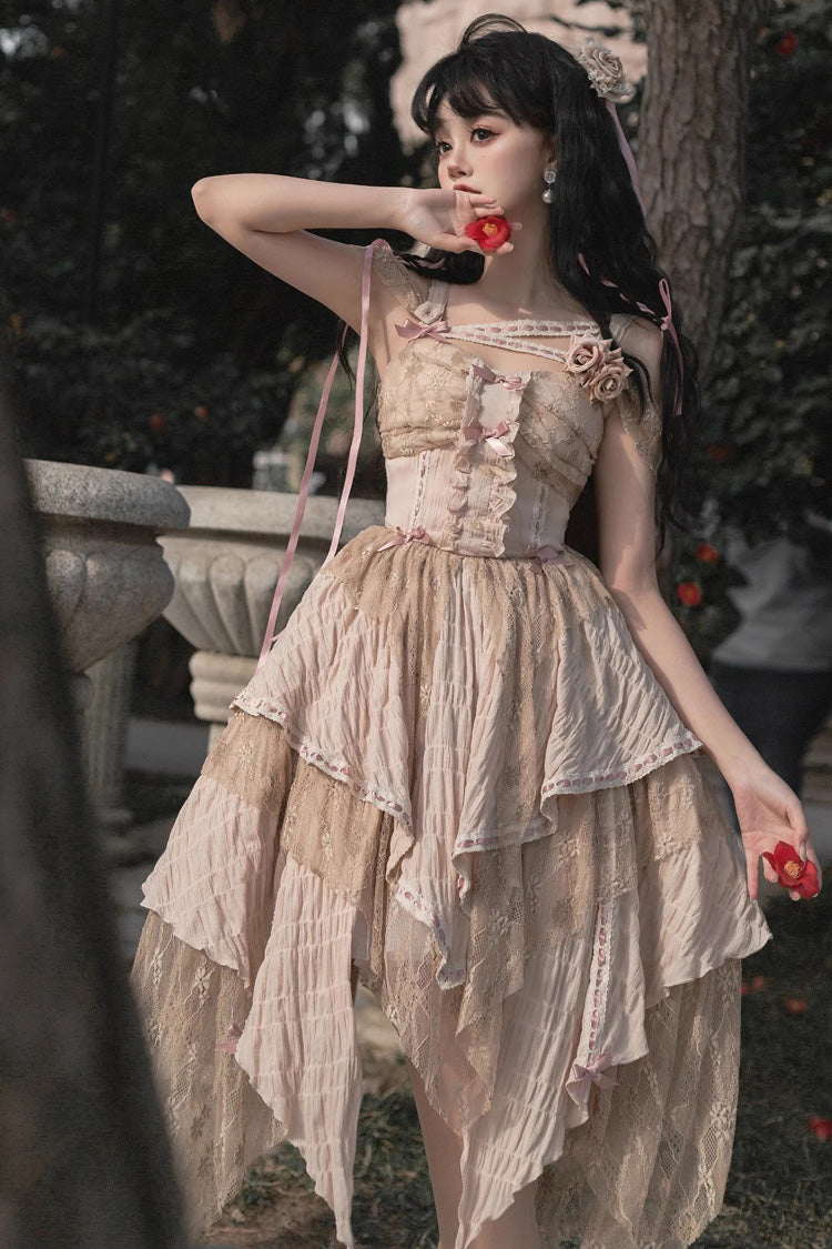 Yellow Sleeveless High-Waist Print Asymmetric Sweet Lolita JSK
