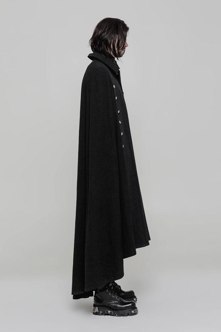 Jet-Black Woven Cloak with Metal Buttons and Asymmetric Hem for Men