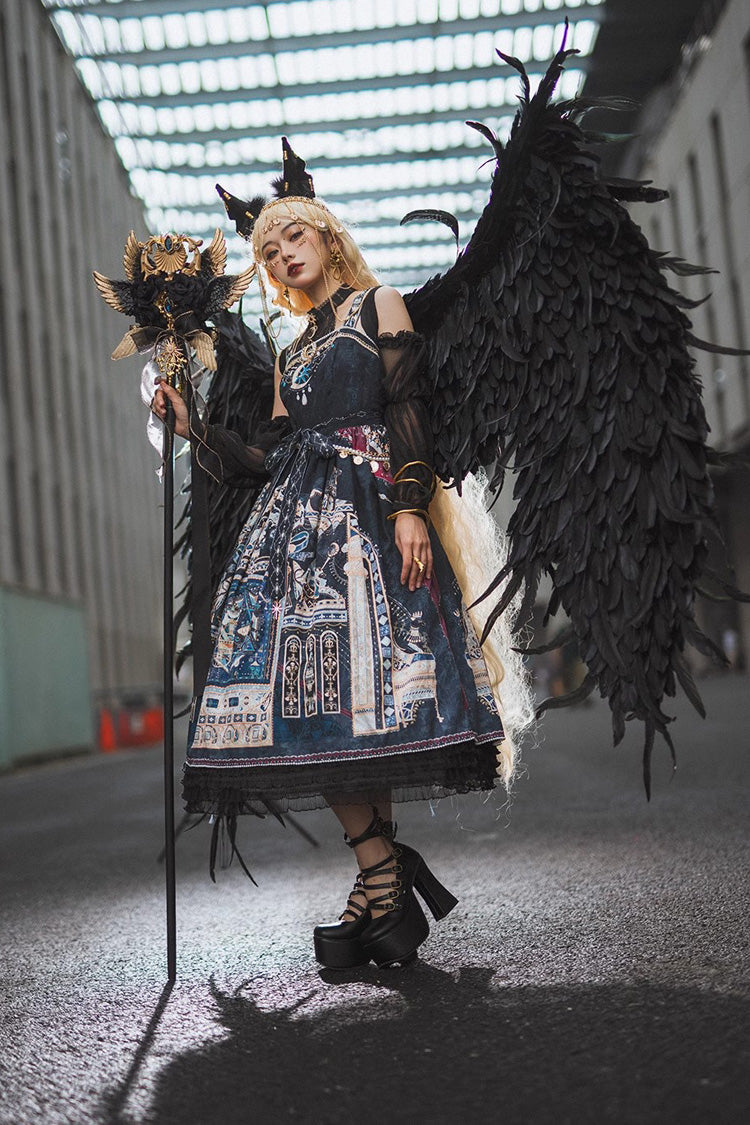 Gothic Lolita Dress with Egyptian Print, Ruffles, Dusk Style