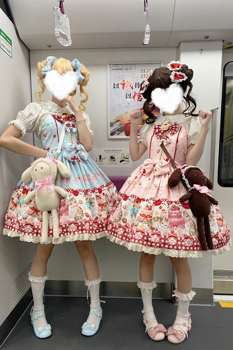Sleeveless Bow Lace Sweet Lolita Strap Dress with Print - Strawberry Cake Kitty
