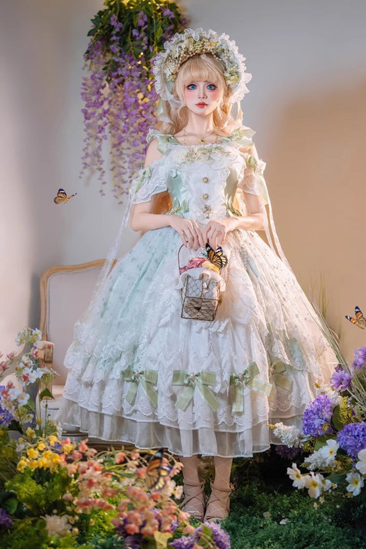 Glazed Phantom Off Shoulder Ruffle Hanayome Bow Lace Elegant Lolita Dress in Green