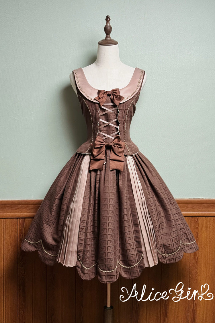 Brown Printed Embroidered Bow Lace-Up Classic JSK Dress & Skirt - Teddy Chocolate Bar