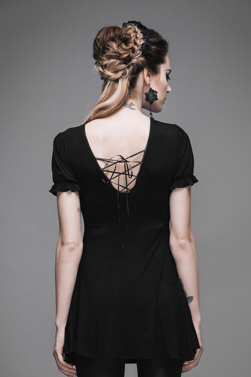 Lace Neck Short Sleeve Mid-Length Gothic Women's Tee