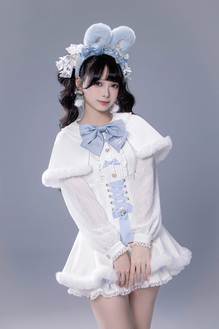 Ivory Ruffled Bow Lace-Up Jirai Dress with Plush Shorts