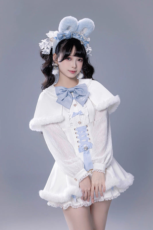 Ivory Ruffled Bow Lace-Up Jirai Dress with Plush Shorts