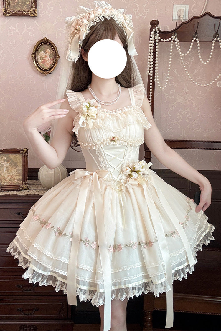 Ballet Lolita JSK Dress with Multi-Layered Ruffles and Bow - Mist Champagne, 3 Colors
