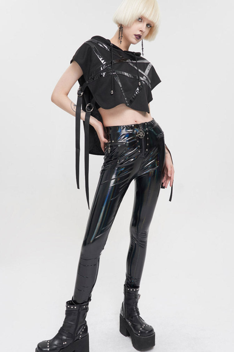 Punk Hoodie Tee with Pentagram Print and Leather Accents