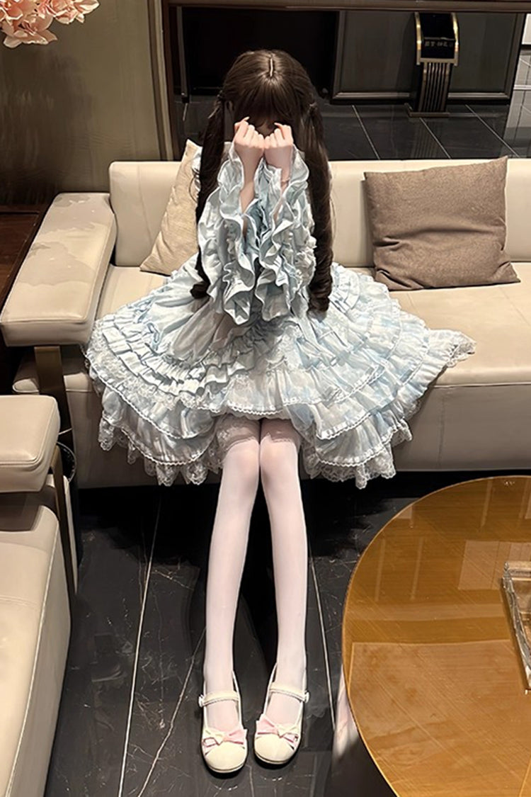 Blue Soloist Doll Long Hime Sleeve Multi-Layer Print Ruffle Bow Asymmetrical Sweet Lolita