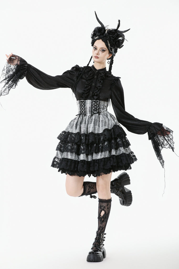High Waist Lace-Up Ruffled Layered Hem Skirt - Lolita