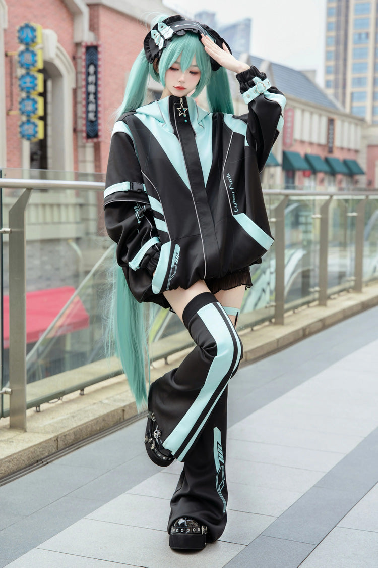 Cyber Phantom Hatsune Miku Print Jirai Kei Cool Coat - Black/Blue