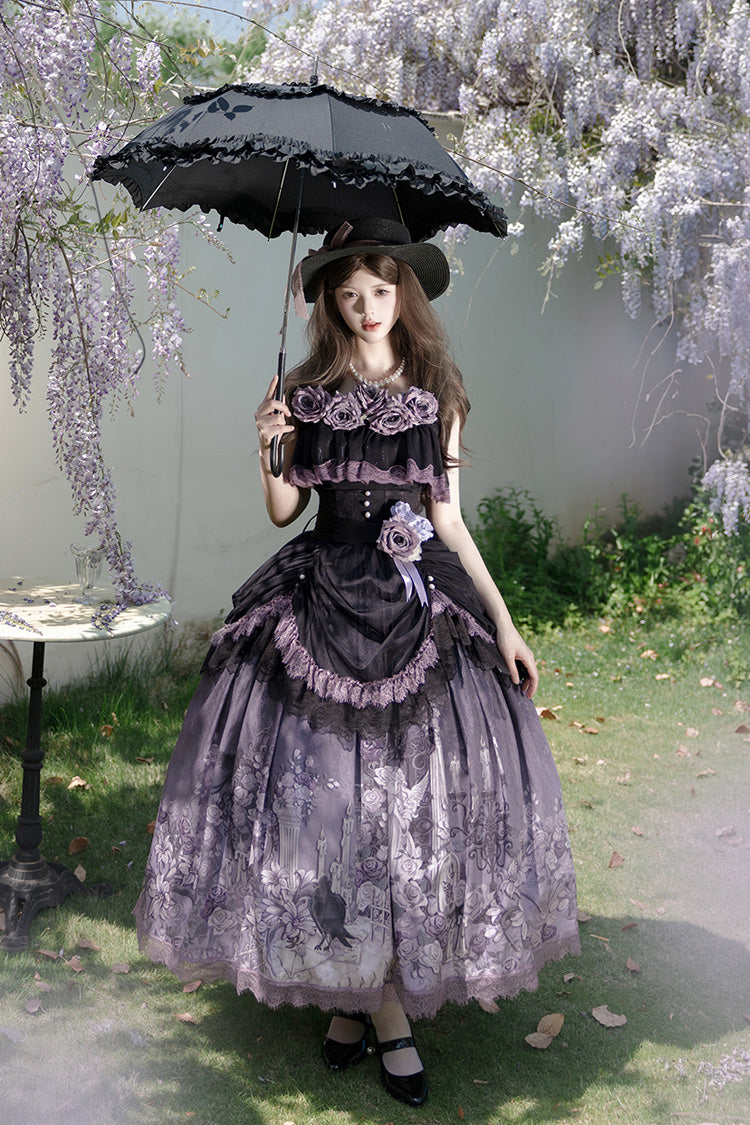 Angel Garden Black Purple Sleeveless Print Ruffle Bowknot Lace Sweet Gothic Skirt Set