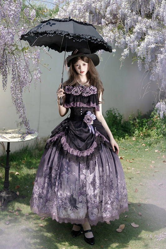 Angel Garden Black Purple Sleeveless Print Ruffle Bowknot Lace Sweet Gothic Skirt Set